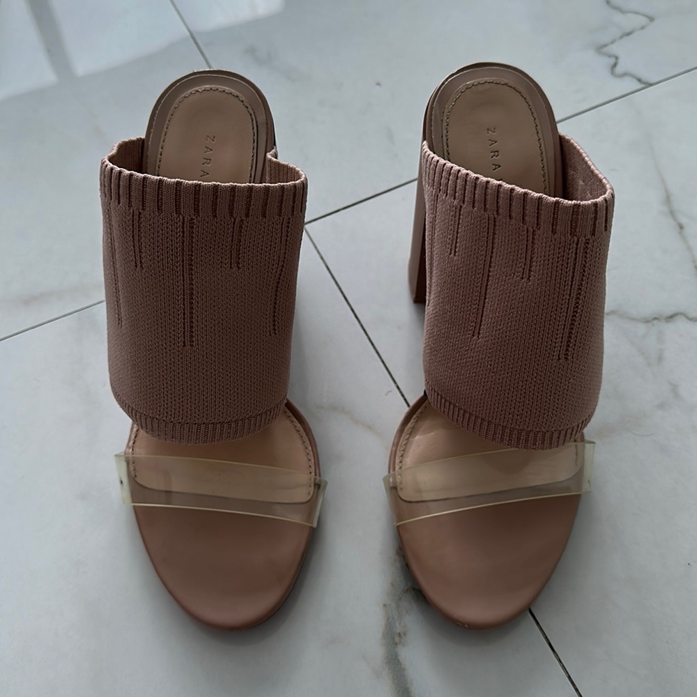 Zara Blush Knit Block Heel Mules with Clear Strap